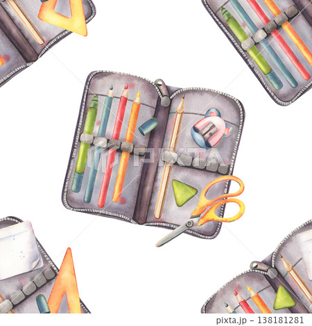 Seamless pattern, open pencil cases with school supplies. Hand-painted illustration isolated on white. Bright design perfect for stationery, back-to-school products, textiles, packaging, branding 138181281