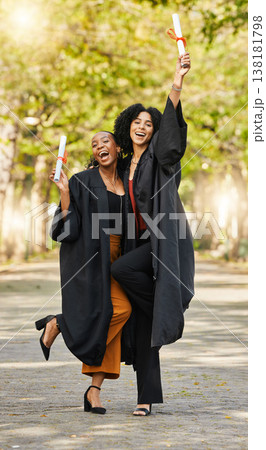 Graduate diploma, happy women portrait and friends celebrate learning success, education goals or university graduation. College certificate, school study achievement and excited students celebration Graduate diploma, happy women portrait and friends celebrate learning success, education goals or university graduation. College certificate, school study achievement and excited students celebration 138181798