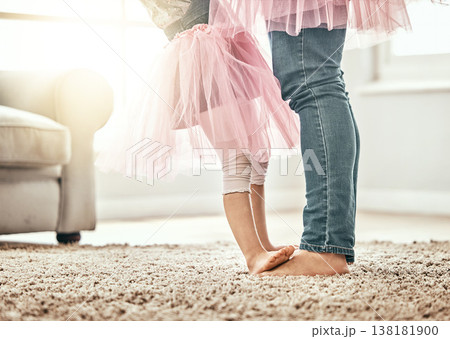 Ballet, feet and father with girl child in a living room with love, learning or dance in their home together. Family time, bond and legs of kid with parent in a house for support, care and security 138181900