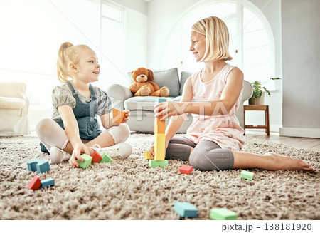 Children, playing and toys on living room floor, home and bonding together, fun and child development. Building blocks, sisters and learning for creativity with activity, relax indoors and happiness 138181920