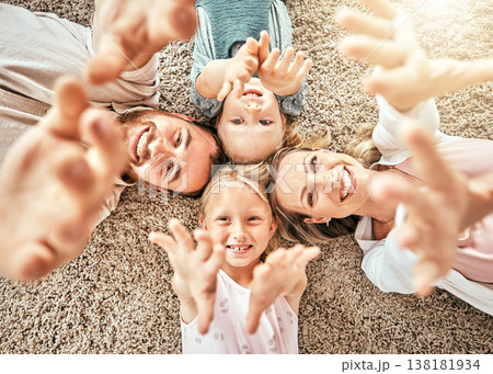 Happy family, children and parents on floor, smile and happiness with hands, enjoying and playing. Morning, mom and dad with girls, home and bonding together in top view, playful and affectionate Happy family, children and parents on floor, smile and happiness with hands, enjoying and playing. Morning, mom and dad with girls, home and bonding together in top view, playful and affectionate 138181934