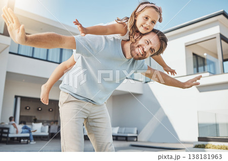 Happy family, fun and new home with excited airplane game and father with child outdoor. Relax, real estate and love of a dad and young kid playing together at a house with freedom and vacation 138181963