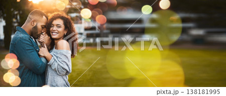 Nature, hand kiss and portrait of happy couple bonding, relax and romantic affection in garden, grass field or park lawn. Mockup space, bokeh light or banner man, woman or people smile, love and care 138181995