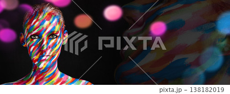 Woman, beauty paint and double exposure portrait with creative art, makeup and colorful cosmetics in studio. Painting and rainbow design with mockup space and bokeh with model and color splash 138182019