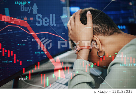Woman, stress and banking of stock market, crash or financial crisis in overlay on computer. African, person and headache in trading, digital or fintech for lines, chart and money risk for investment 138182035