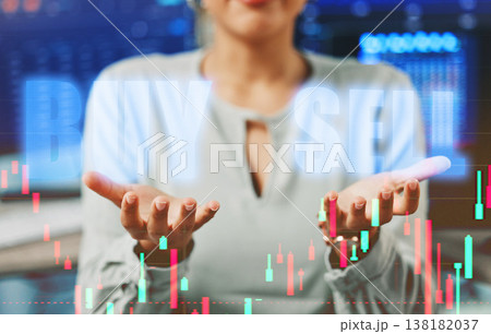 Woman, hands and hologram with stock market for trading in overlay for money, risk or investment. Person, gesture and digital for online, profit or payment with lines, chart and growth in finance 138182037