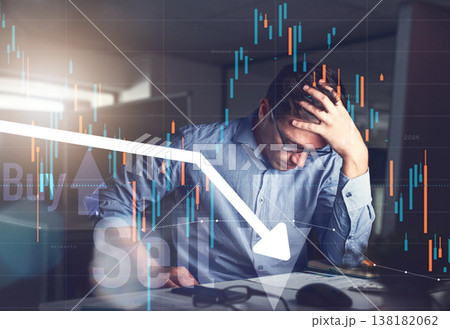 Man, stress and headache for double exposure on trading, computer data analytics and stock market crash. Frustrated trader, seller or investor with depression, sad or overlay for assets loss at night Man, stress and headache for double exposure on trading, computer data analytics and stock market crash. Frustrated trader, seller or investor with depression, sad or overlay for assets loss at night 138182062