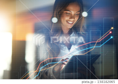 Business woman, tablet and stock market in double exposure for trading profit, increase and data growth at night. Happy trader, analyst or investor with finance graphs, arrow or statistics in overlay Business woman, tablet and stock market in double exposure for trading profit, increase and data growth at night. Happy trader, analyst or investor with finance graphs, arrow or statistics in overlay 138182065