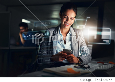 Business woman, phone and online shopping hologram, e commerce technology and buy or order in night office. Professional person on mobile app with internet banking, website icons and digital overlay 138182077