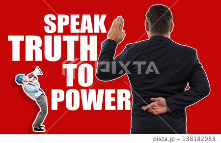 Megaphone, studio and business men for strike, protest and justice for equality on red background. Whistleblower, mockup space and worker with mic shout for equal pay, human rights and fraud for boss 138182083