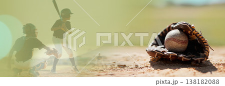 Banner, baseball or athlete with a ball in a game or match competition on field for sports performance. Double exposure, people playing softball or training on pitch for outdoor fitness in a stadium Banner, baseball or athlete with a ball in a game or match competition on field for sports performance. Double exposure, people playing softball or training on pitch for outdoor fitness in a stadium 138182088