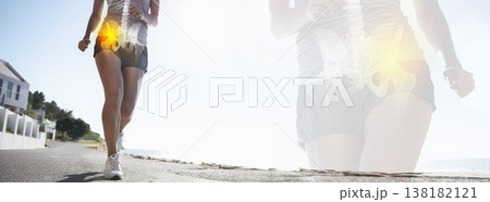 Runner legs, hip injury and x ray on banner outdoor, fitness and exercise anatomy for body health on road. Pain, arthritis and woman with bone, fibromyalgia glow and osteoporosis double exposure 138182121