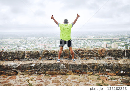 Senior man, achievement and winner for race, hike or marathon for health, wellness and fitness. City, run and thumbs up for goal, workout and victory in celebration, elderly and freedom retirement 138182238