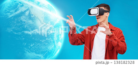Vr, metaverse or man with globe hologram for a global digital connection or network on blue background. Neon world, futuristic technology or person by 3d earth with virtual reality headset software Vr, metaverse or man with globe hologram for a global digital connection or network on blue background. Neon world, futuristic technology or person by 3d earth with virtual reality headset software 138182328