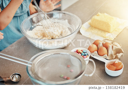 Hands, baking and bowl with flour, butter and eggs in home, kitchen or counter with people mixing recipe ingredient. Chef, cooking or baker prepare food with equipment in process or person whisk eggs Hands, baking and bowl with flour, butter and eggs in home, kitchen or counter with people mixing recipe ingredient. Chef, cooking or baker prepare food with equipment in process or person whisk eggs 138182419