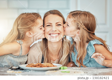 Family, kiss and smile in kitchen for cooking, love and bonding with children on mothers day. Happy mom and kids, baking and care in home, breakfast and snacks for nutrition, fresh cookies and food Family, kiss and smile in kitchen for cooking, love and bonding with children on mothers day. Happy mom and kids, baking and care in home, breakfast and snacks for nutrition, fresh cookies and food 138182421