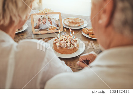 Senior, couple and happy birthday video call in home with cake, family and happiness in celebration. Old people, smile and congratulations for festive day in retirement with love, care and support Senior, couple and happy birthday video call in home with cake, family and happiness in celebration. Old people, smile and congratulations for festive day in retirement with love, care and support 138182432
