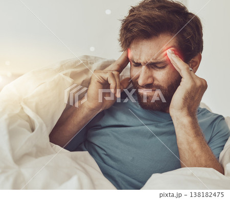 Man, headache and pain, massage temple and sick, tired at home with medical condition or stress with red overlay. Migraine, health fail and brain fog, vertigo and dizziness with glow and fever 138182475