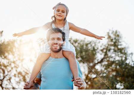 Airplane, playing and portrait of dad with child in a park at sunrise with love, care and happiness together in nature. Bonding, smile and father with energy for kid happy for outdoor fantasy game Airplane, playing and portrait of dad with child in a park at sunrise with love, care and happiness together in nature. Bonding, smile and father with energy for kid happy for outdoor fantasy game 138182560
