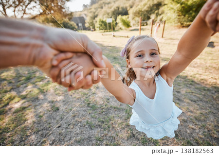 Happy, pov and hands swing child outdoor in garden, park or game in nature with parent. Girl, face and dad or mom swinging kid for crazy, fun or bonding in summer, vacation or backyard games 138182563