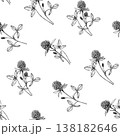 Hand drawn clover flowers and leaves in a seamless pattern. Vintage botanical sketch of wildflowers. Black and white ink line art for wallpaper, textile, and wrapping paper. 138182646