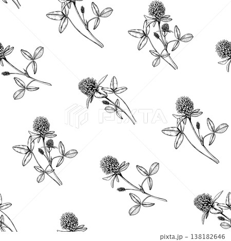 Hand drawn clover flowers and leaves in a seamless pattern. Vintage botanical sketch of wildflowers. Black and white ink line art for wallpaper, textile, and wrapping paper. Hand drawn clover flowers and leaves in a seamless pattern. Vintage botanical sketch of wildflowers. Black and white ink line art for wallpaper, textile, and wrapping paper. 138182646