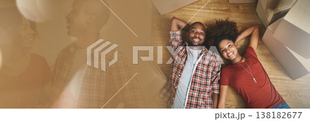 Portrait, mockup or happy couple on floor in new house for investment, property or real estate. Space, top view or black man with an African person in apartment with loan success, goal or security 138182677