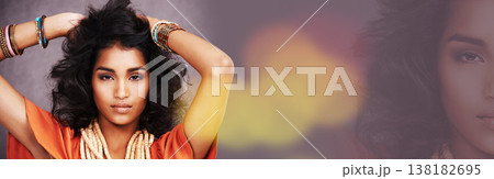 Woman, face and beauty in portrait, double exposure and banner with mockup space and studio background. Bokeh, hair and Indian fashion model in portrait, style and clothes, overlay and cosmetic care Woman, face and beauty in portrait, double exposure and banner with mockup space and studio background. Bokeh, hair and Indian fashion model in portrait, style and clothes, overlay and cosmetic care 138182695