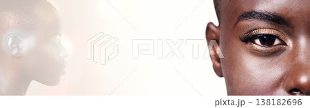 Beauty, eyes and African woman with mockup space for advertising, makeup promotion and banner. Skincare overlay, dermatology and portrait of person with cosmetics, glamour or glow on white background Beauty, eyes and African woman with mockup space for advertising, makeup promotion and banner. Skincare overlay, dermatology and portrait of person with cosmetics, glamour or glow on white background 138182696