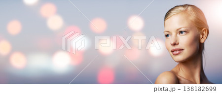 Beauty, overlay and face of woman with mockup space for advertising, makeup promotion and banner. Skincare, dermatology and person with cosmetics, glamour or glow on double exposure background Beauty, overlay and face of woman with mockup space for advertising, makeup promotion and banner. Skincare, dermatology and person with cosmetics, glamour or glow on double exposure background 138182699