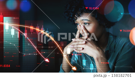 Woman, stress and arrow by chart, double exposure or stock market crash for fail, mistake and analysis. Financial crisis, debt and inflation with interest rate stats, bank overlay or sad accountant Woman, stress and arrow by chart, double exposure or stock market crash for fail, mistake and analysis. Financial crisis, debt and inflation with interest rate stats, bank overlay or sad accountant 138182701