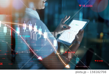 Business woman, hands and tablet at night on stock market crash, overlay or trading graph at office. Closeup of female person, trader or broker working late on technology in financial loss or drop Business woman, hands and tablet at night on stock market crash, overlay or trading graph at office. Closeup of female person, trader or broker working late on technology in financial loss or drop 138182708