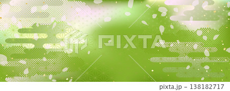 抹茶と桜のようなグラデーションと伝統的な模様を合わせた和風背景イラスト 138182717