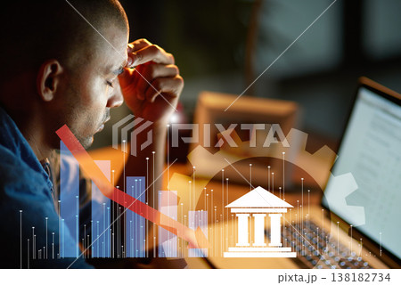 Man, stress and arrow by chart, double exposure and stock market crash for fail, laptop or data analysis. Financial crisis, debt and inflation with interest rate stats, bank overlay or sad accountant Man, stress and arrow by chart, double exposure and stock market crash for fail, laptop or data analysis. Financial crisis, debt and inflation with interest rate stats, bank overlay or sad accountant 138182734