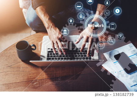Hologram, laptop and above of person with icon for social networking, website and research mockup. Business, documents and hands on computer with overlay for planning, network and internet in office 138182739