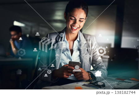 Business woman, phone and icons hologram for social media, contact search and networking in night office. Professional worker typing on mobile or integration software, 3d chat and communication gears 138182744
