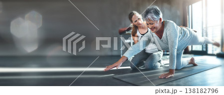 Exercise, mockup and mature woman in gym with personal trainer workout, help and stretching on banner. Info space, fitness and senior person with physio floor challenge, coaching motivation and bokeh 138182796