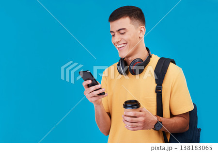Smile, phone and a student or man with a coffee on a blue background with mockup for social media. Happy, contact and a young gen z person reading from an app on a mobile with space for education Smile, phone and a student or man with a coffee on a blue background with mockup for social media. Happy, contact and a young gen z person reading from an app on a mobile with space for education 138183065