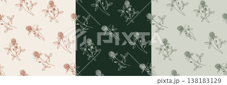 Set of three clover seamless patterns with hand drawn botanical illustrations. Wildflowers in various color palettes, earth tones, dark green, sage. Vector sketches for backgrounds, textiles, wrapping Set of three clover seamless patterns with hand drawn botanical illustrations. Wildflowers in various color palettes, earth tones, dark green, sage. Vector sketches for backgrounds, textiles, wrapping 138183129