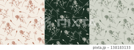 Set of clover seamless patterns. Vintage hand drawn botanical illustrations of wildflowers and shamrocks in different color palettes. Vector sketches for wallpaper, textile, and wrapping paper. Set of clover seamless patterns. Vintage hand drawn botanical illustrations of wildflowers and shamrocks in different color palettes. Vector sketches for wallpaper, textile, and wrapping paper. 138183133