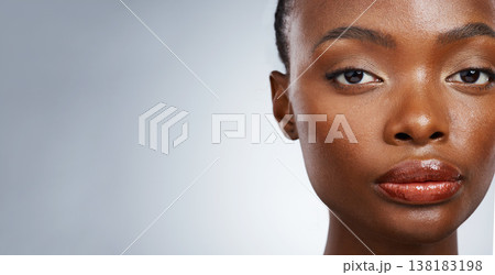 Portrait of black woman, natural beauty or mockup space for wellness in studio with cosmetics or glow. Dermatology, face or confident African girl model with skincare results on white background 138183198