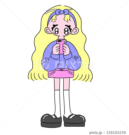 スマホを見るレトロポップな金髪の女の子のイラスト スマホを見るレトロポップな金髪の女の子のイラスト 138183239