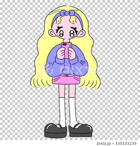 一幅復古流行風格的金髮女孩看著智慧型手機的插畫。 138183239