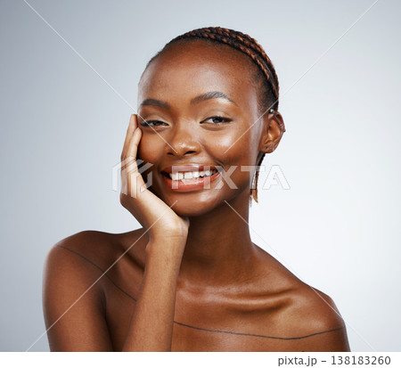 Portrait of black woman, smile or natural beauty aesthetic for wellness in studio with pride or glow. Dermatology, face shine or happy African girl model with skincare results on white background 138183260