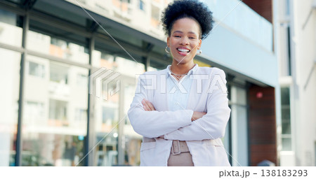 Business, portrait and black woman with arms crossed in city for corporate career outdoor. Happy face, confident professional and African entrepreneur, employee or consultant in urban town in Nigeria Business, portrait and black woman with arms crossed in city for corporate career outdoor. Happy face, confident professional and African entrepreneur, employee or consultant in urban town in Nigeria 138183293