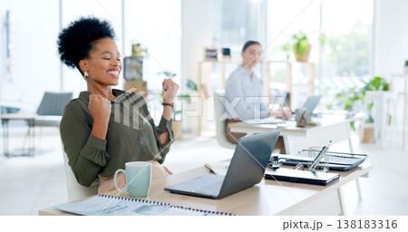 Business woman, winner and laptop for success, celebration and marketing sales or project achievement in office. Professional worker with yes, excited and reading email or startup news on computer 138183316