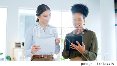 Business people, documents and tablet for teamwork, planning and marketing collaboration or advice in office. Professional women or manager on digital technology, social media report or happy results Business people, documents and tablet for teamwork, planning and marketing collaboration or advice in office. Professional women or manager on digital technology, social media report or happy results 138183319