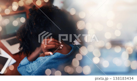 Woman, neck pain and massage muscle, work stress or burnout with fibromyalgia or health issue, banner and bokeh. Back, spine injury and overworked, anxiety about business with mockup space and crisis 138183434