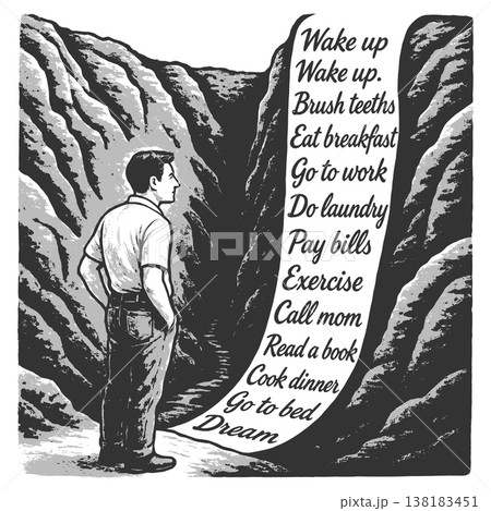 Man Facing Endless Routine List In Canyon vector 138183451