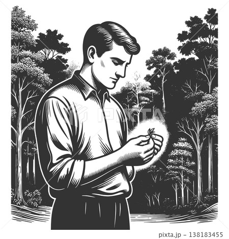 Man Holding Small Tree Seedling In Forest vector Man Holding Small Tree Seedling In Forest vector 138183455